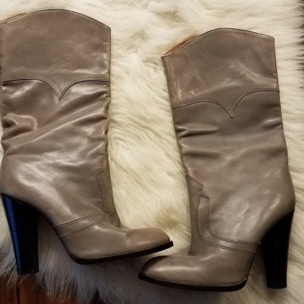 Women’s Taupe Leather Mid-Calf Heeled Boots